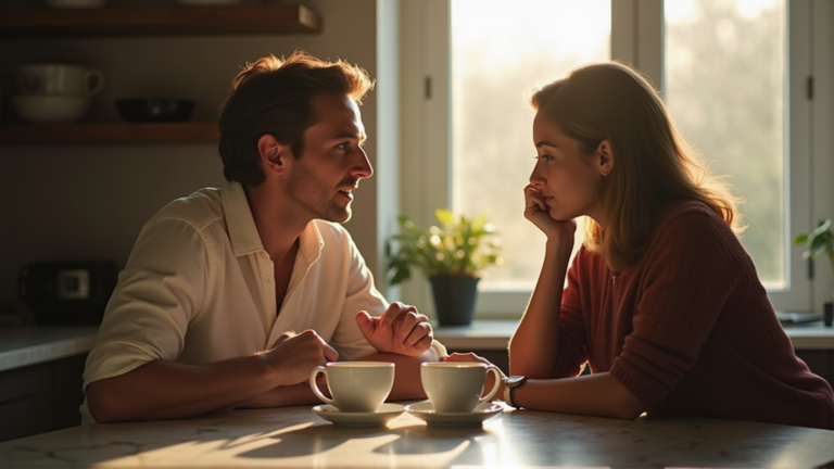 Couple having honest conversation at kitchen island in morning light, how to talk to your wife about cuckolding