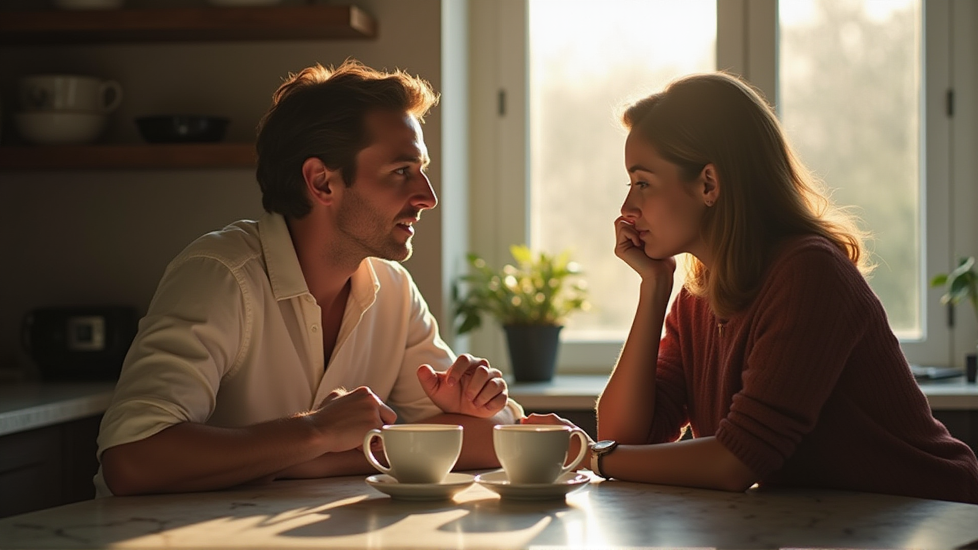 Couple having honest conversation at kitchen island, how to talk to your wife about cuckolding