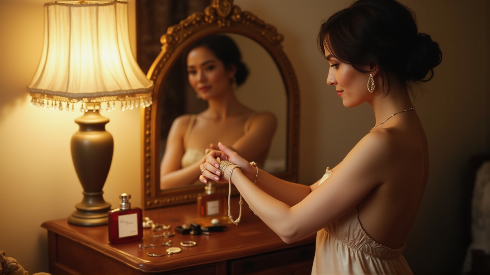 Woman in satin slip at vintage vanity mirror, building hotwife confidence