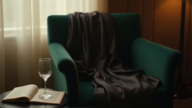 Black silk slip draped on emerald velvet chair with wine glass, hotwife lingerie story