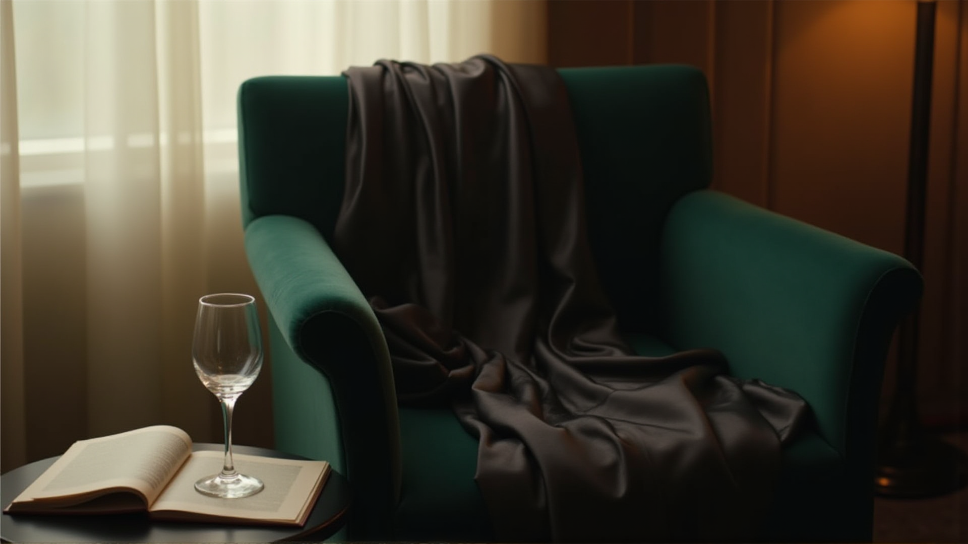 Black silk slip draped on velvet chair with wine, Sarah's hotwife story