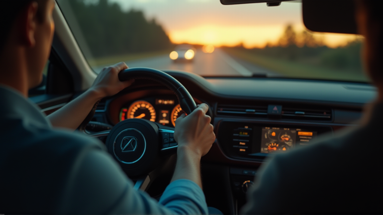 Hands on steering wheel at twilight with road ahead, husband's reflective drive contemplating cuckolding fantasy