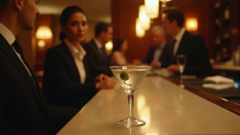 Woman in elegant hotel bar with martini glass, hotwifing first experience in upscale setting
