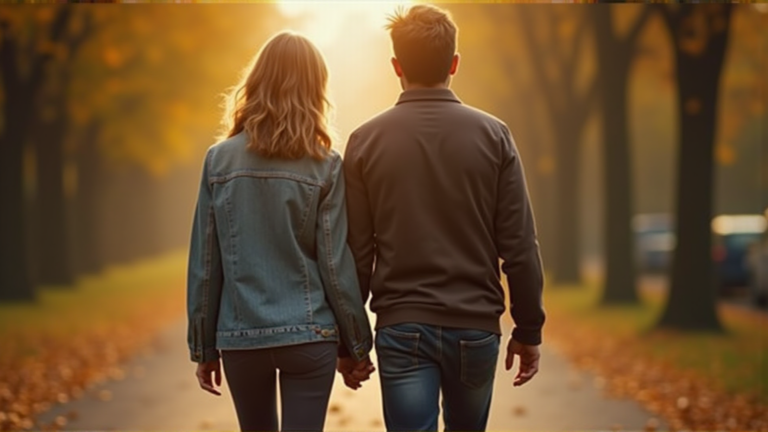 Couple walking together on autumn tree-lined path, the daily practice of ongoing communication in non-monogamy