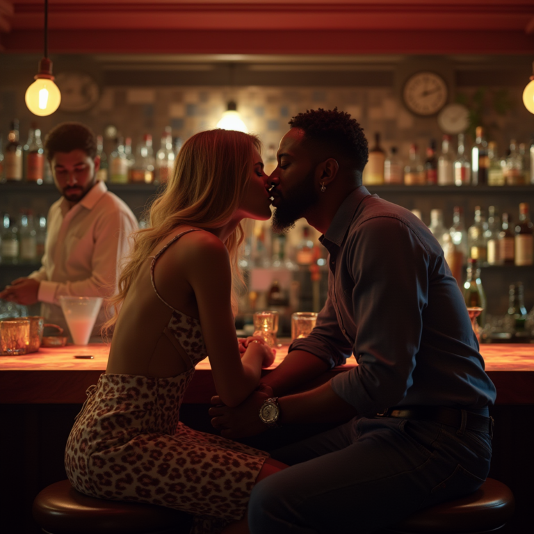 Diverse couple sharing kiss at elegant bar, cuckolding and hotwifing experiences