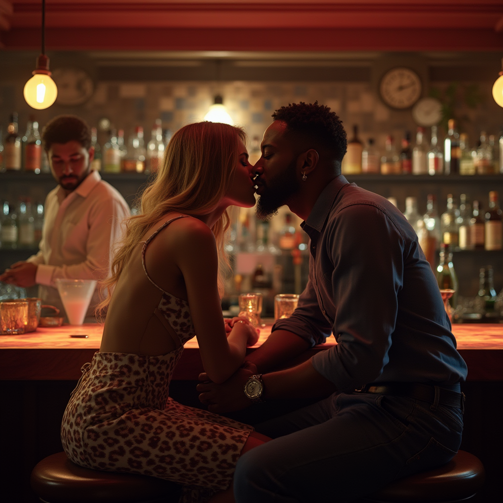 Diverse couple sharing kiss at elegant bar, cuckolding and hotwifing experiences